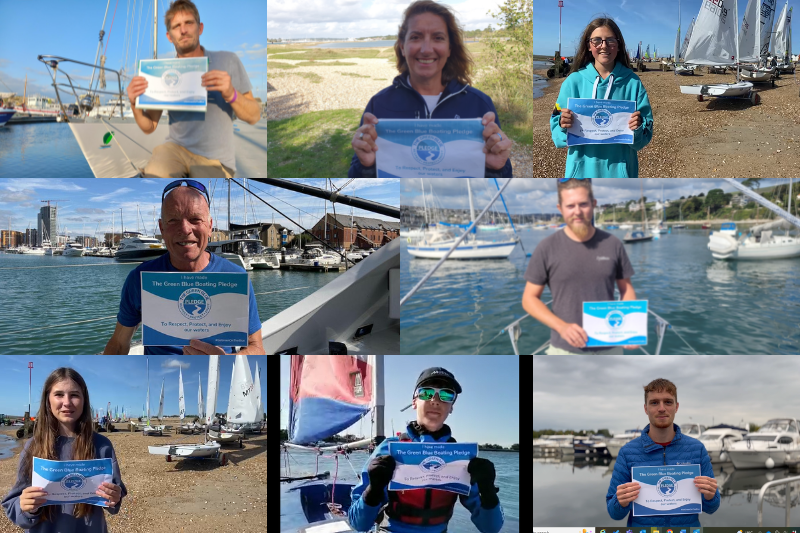 A collage of photos of people holding up the Boating Pledge certificate