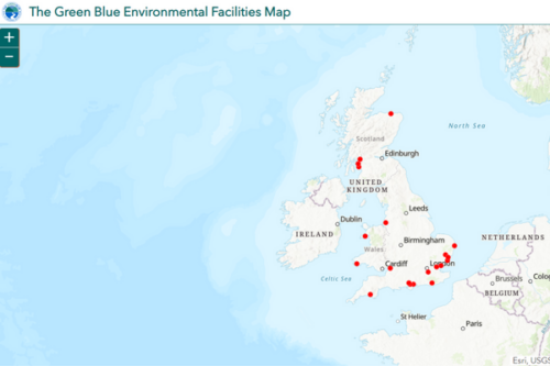 A screenshot of the Environmental Facilities Map showing a map of the UK with some locations marked with red dots