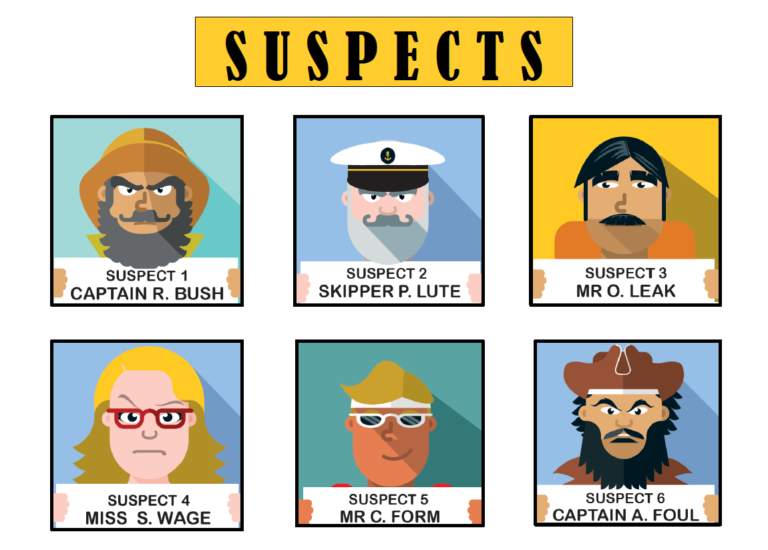 Illustrations of suspects in The Green Blue's educational activity called Marine CSI