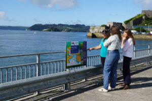 Three women are looking at the Seagrass awareness board by the Plymouth coast
